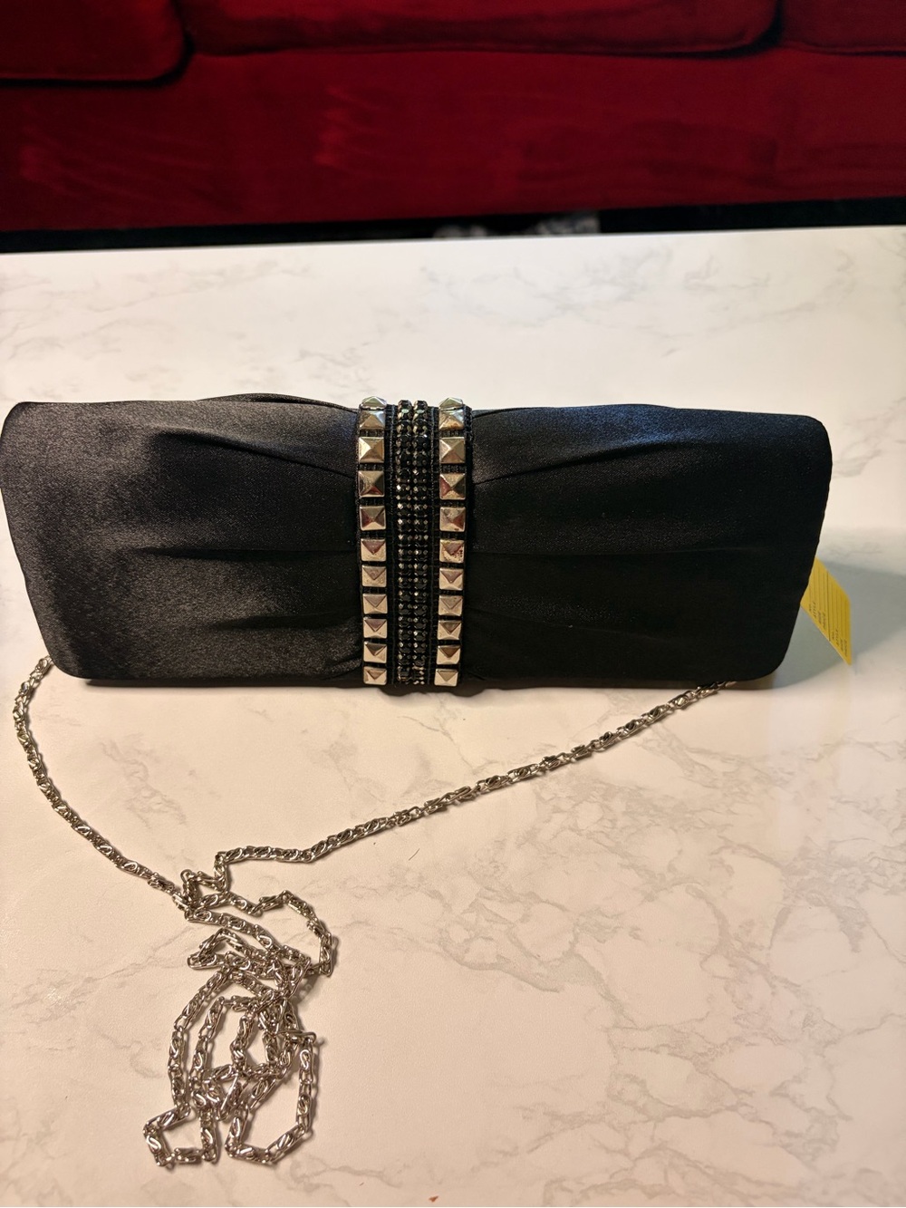 Black Satin Evening Clutch with Silver Stud Accent